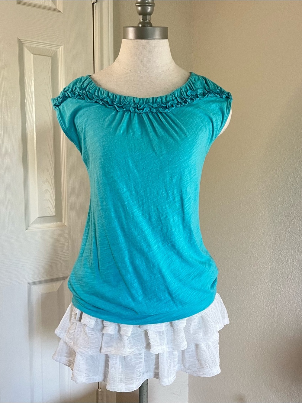 LOFT Teal Ruffle-Neck Cap Sleeve Tank